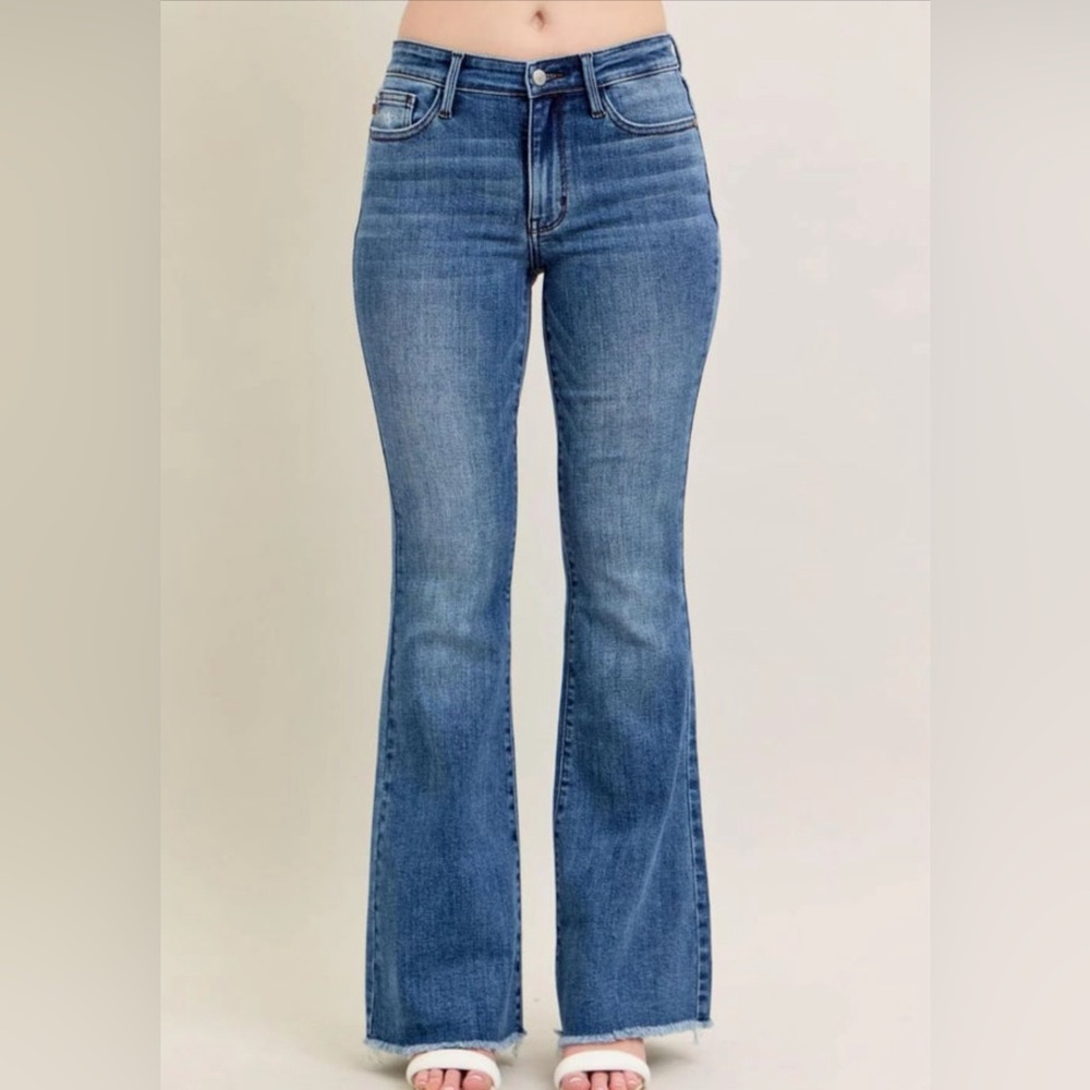 Judy Blue Mid Rise Vintage Wash Fray Hem Flare Denim Jeans